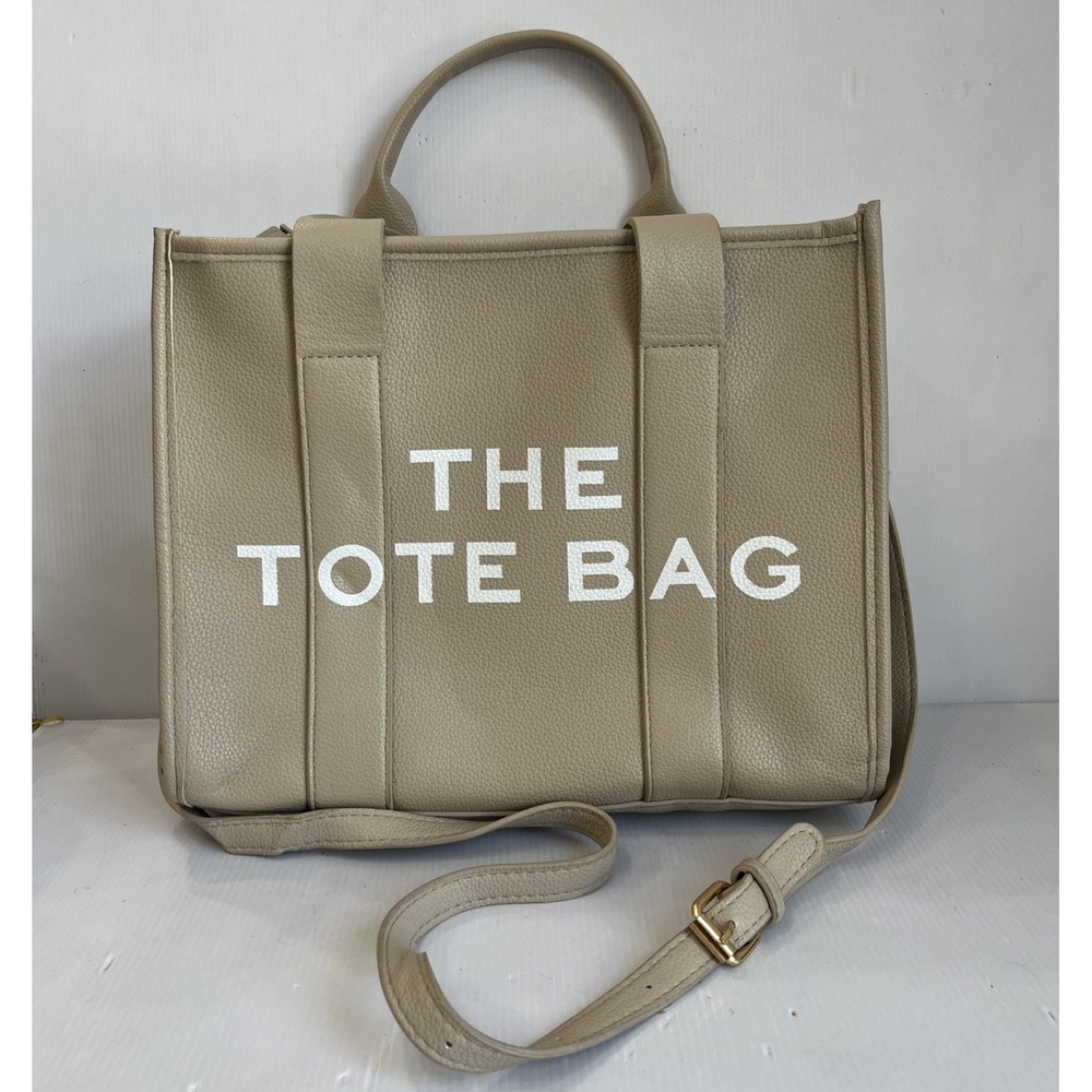 The Tote Bag Beige PU Leather Crossbody Handbag Top Handle Medium Satchel Purse